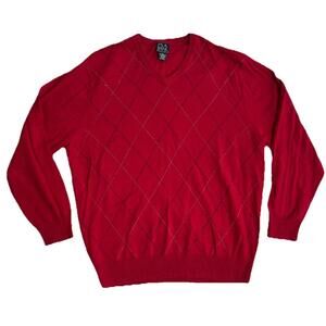 Jos A Bank Executive Lambswool Mens XL Red Argyle V Neck Sweater Long Sleeve